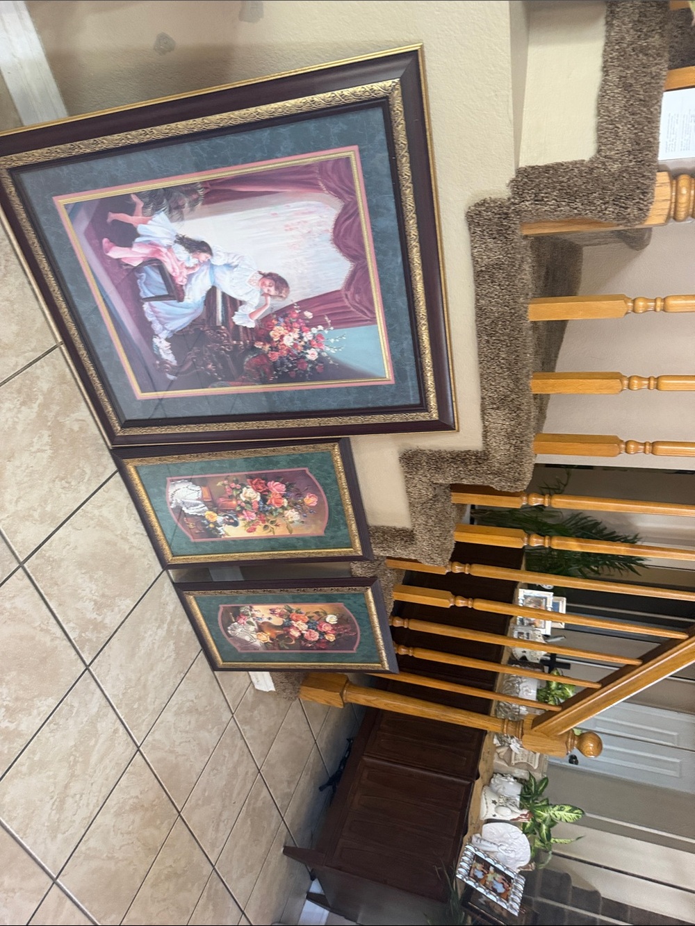 Vintage home Interior woman. & the piano set of 3 floral design pieces